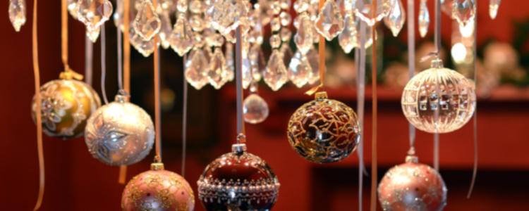 Baubles hanging from chandelier